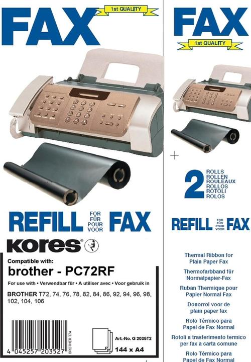 Immagine prodotto Kores Rotolo a trasferimento termico per brother Fax T72, 74, nero Capacità di stampa: circa 144 pagine