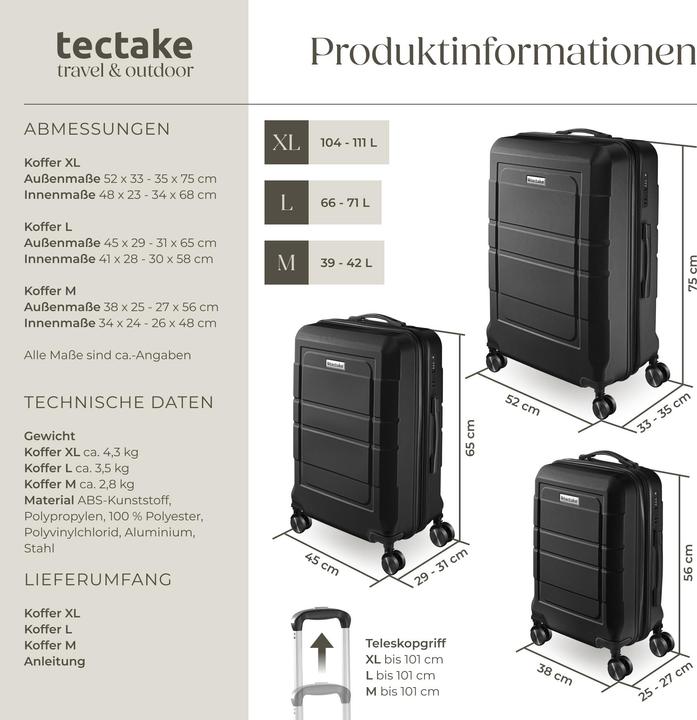 Image du produit tectake Set de valises rigides BRICE 3 pièces avec serrure à code (111 l, XL (à partir de 115l))