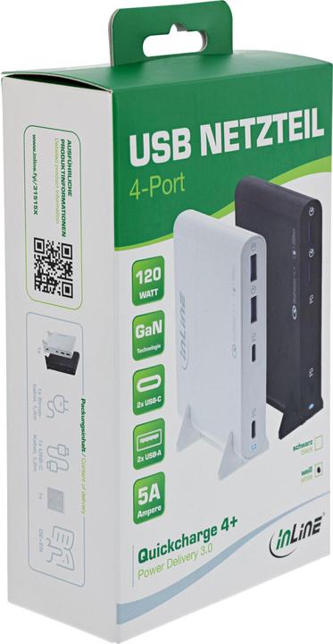 Produktbild InLine USB Netzteil, GaN Ladegerät, 4-Port, Dual USB-C + Dual USB-A, 120W, weiss (120 W)