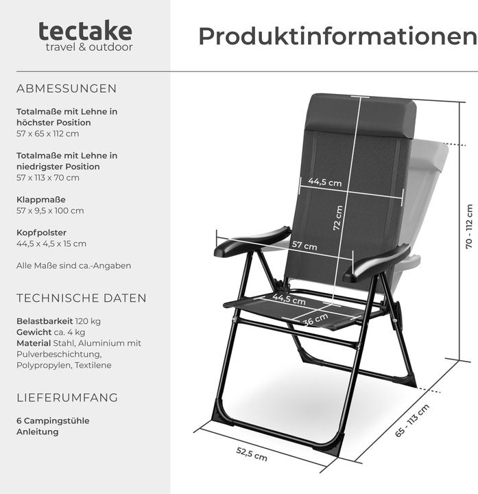 Produktbild tectake Faltbarer Campingstuhl Müritz mit Kopfpolster, Aluminium