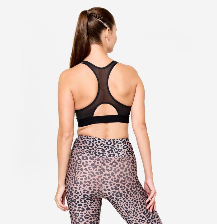 Produktbild Decathlon Sport-Bustier Damen Schwimmerrücken und Pads mittlerer Halt - schwarz/beige Leo (L)