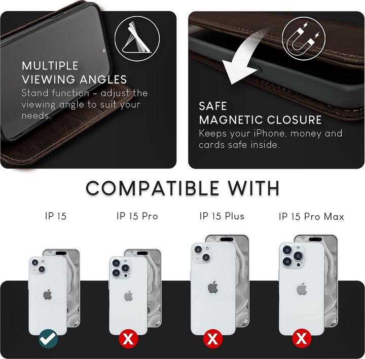 Produktbild Nalia Echt Leder Flip Case Hülle mit Magnetverschluss (Apple iPhone 15)