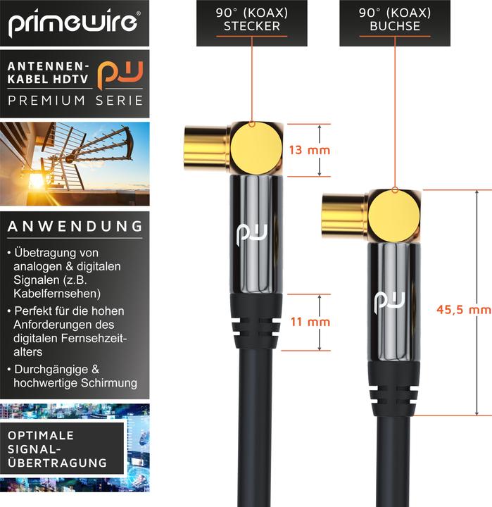 Actual product image Primewire Antenna Cable 90Â° Angled | HDTV Premium Coaxial Cable 135dB / 75 Ohm | FullHD / 4k Ultra HD (85 dB, Antenna cable)