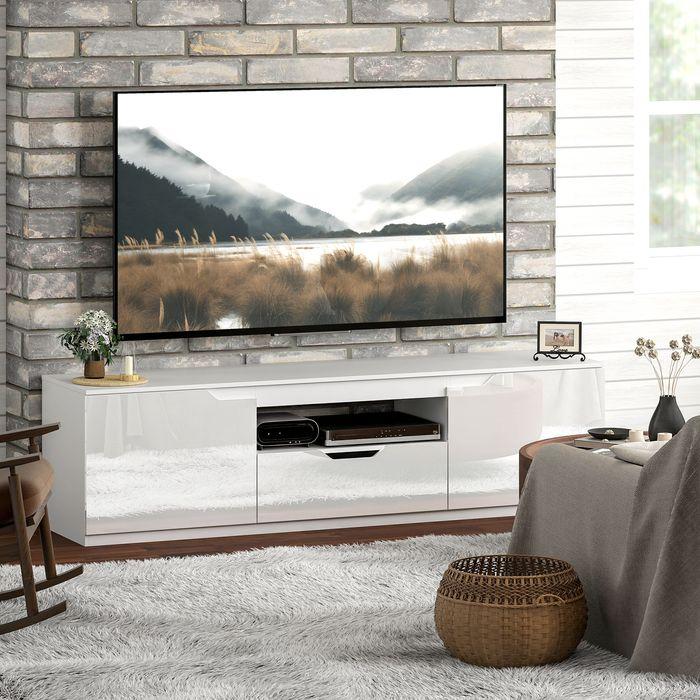 Immagine prodotto Swisshandel24 Hochglanz TV-Lowboard für Fernseher bis 65 Zoll, 3 Fächer, Schublade, Weiss (160 x 38 x 43 cm)