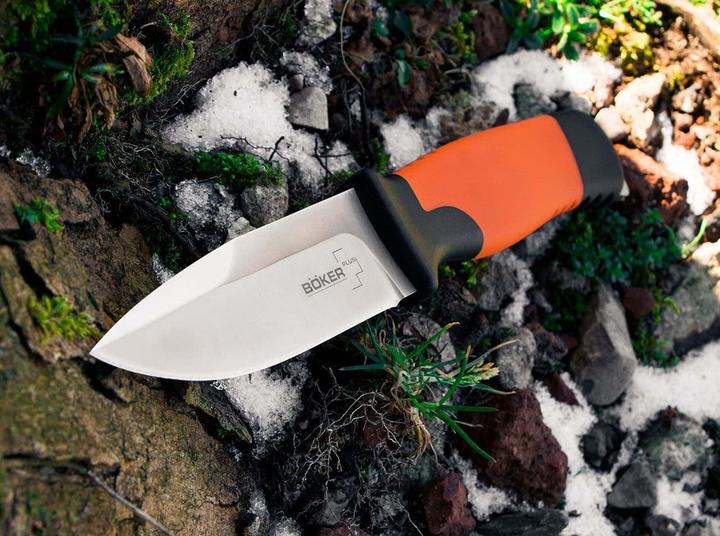 Actual product image Böker Plus 02BO014 Outdoorsman XL Fixed blade knife made of 12C27 steel and rubber in the colour orange. (11.30 cm)