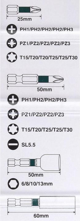 Produktbild Makita Bit-Set (Kreuz Phillips PH M1, Kreuz Phillips PH M2, Kreuz Phillips PH M3, Kreuz Pozidriv PZ M1, Kreuz Pozidriv PZ M2, Kreuz Pozidriv PZ M3, Innensechsrund TX M15, Innensechsrund TX M25, Innensechsrund TX M20, Innensechsrund TX M30)