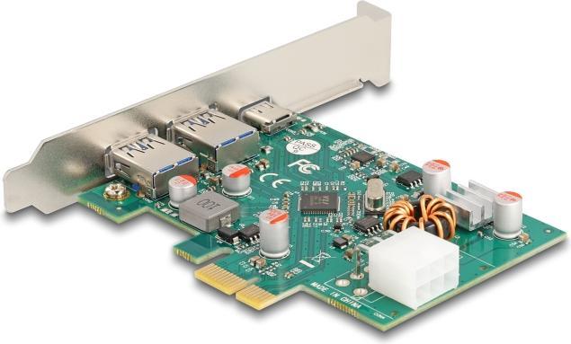 Actual product image Delock PCI Express x1 card to 1 x external USB Type-C socket PD 30 W + 2 x external USB Type-A socket US