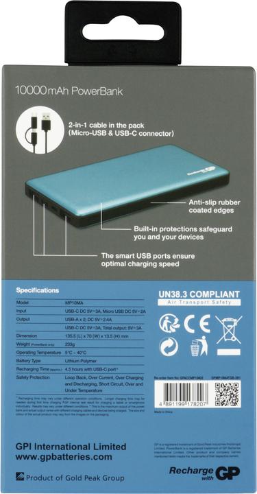 Immagine prodotto GP Batteries Banca di potenza MP10MA 3A 10000mAh 3xUSB TypeC 130MP10MAMIDTEL 3xUSB TypeC 130MP10MAMIDTEL (10000 mAh, 37 Wh)