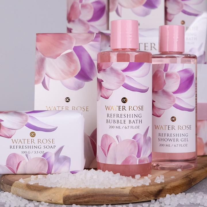 Produktbild Accentra Badeset WATER ROSE in Geschenkbox, inkl. 200ml Duschgel, 200ml Schaumbad, 100g Seife, 100g Badesalz (Haarpflege set)
