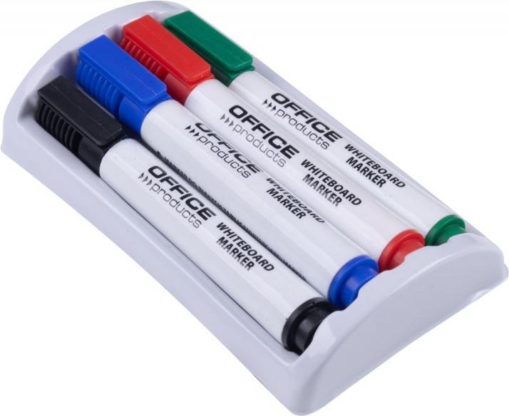 Produktbild Office Products Textmarker-Set mit magnetischem Schwamm für Whiteboards (Schwarz, Grün, Blau, Rot, 3 mm, 4 x)