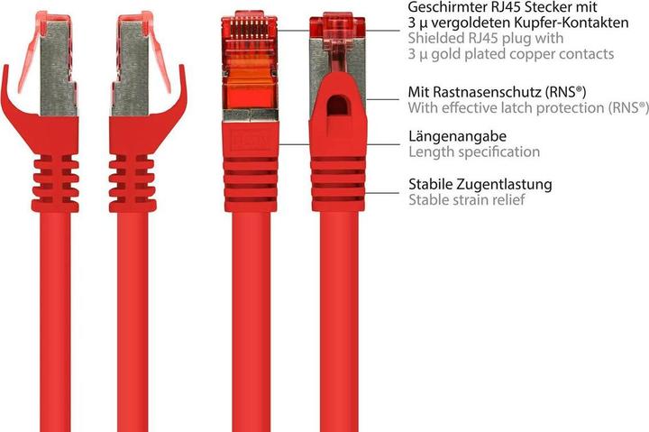 Actual product image Good Connections RNS® patch cable with snap-in lug protection, Cat. 6, S/FTP, PiMF, PVC, 250MHz, red, 15m (S/FTP, CAT6, 15 m)