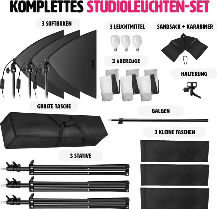 Actual product image tectake 3 studio lights with softbox, tripod and bag (Studio light)