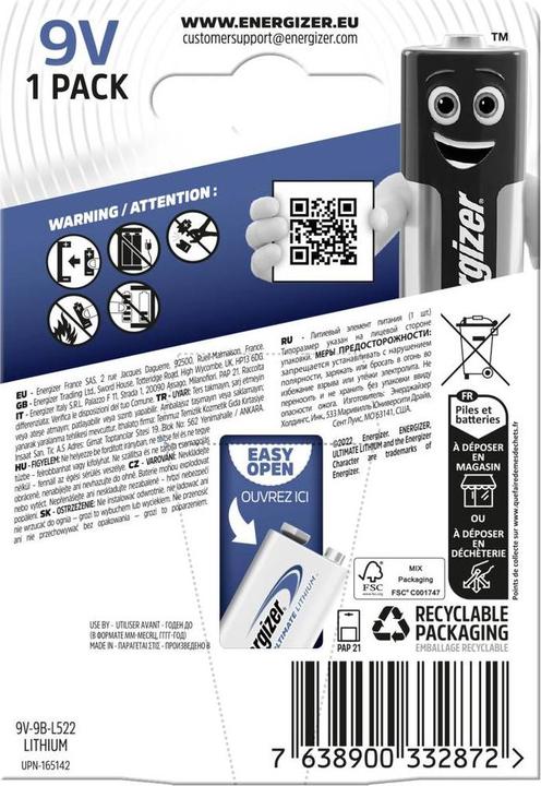 Actual product image Energizer L522 (1 pcs., 9V Block, 750 mAh)