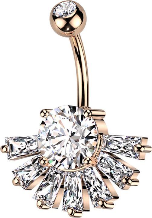 Star Piercing Banane rosegold mit Kugel Kristall silber und Fächer Kristalle Baguette silber (Messing, Chirurgenstahl 316L)
