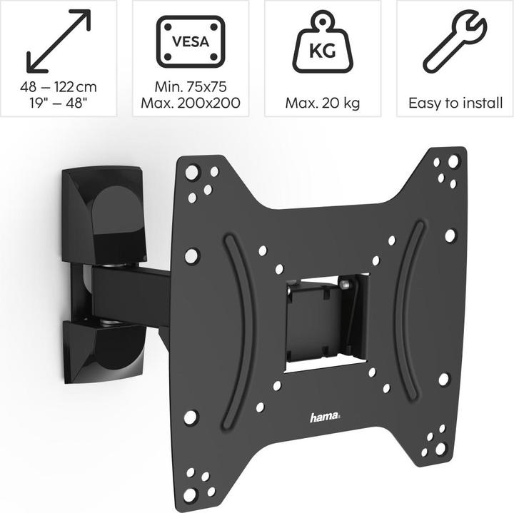 Produktbild Hama TV-Wandhalterung, schwenkbar, neigbar, 122 cm (48") bis 20 kg (Wand, 48", 20 kg)