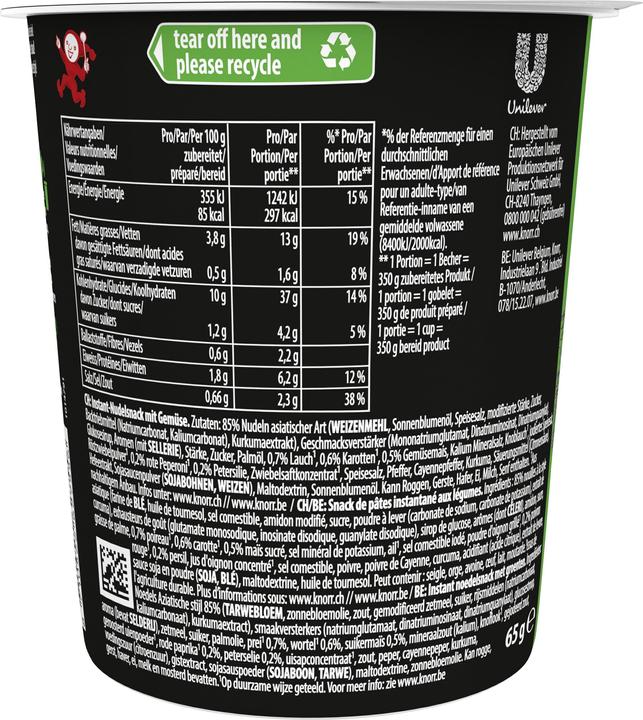 Valeurs nutritives et ingrédients Knorr Asia Noodles Vegetable gobelet snack asiatique au savoureux goût de légumes, prêtes en 3 minutes (79 g)