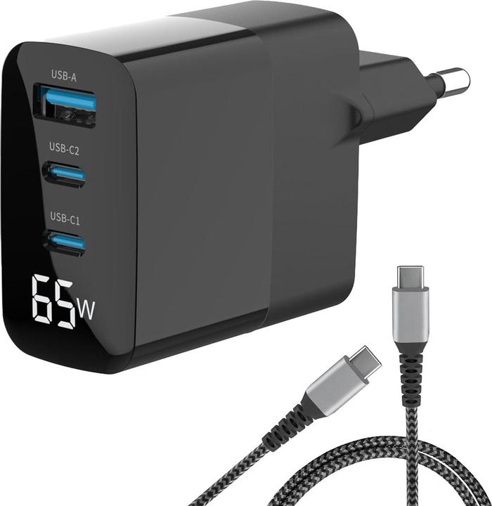 Eaxus USB Ladegerät mit Ladekabel, 3 Ports, 2x Typ-C & 1x Typ-A, 65 Watt, schwarz (65 W)