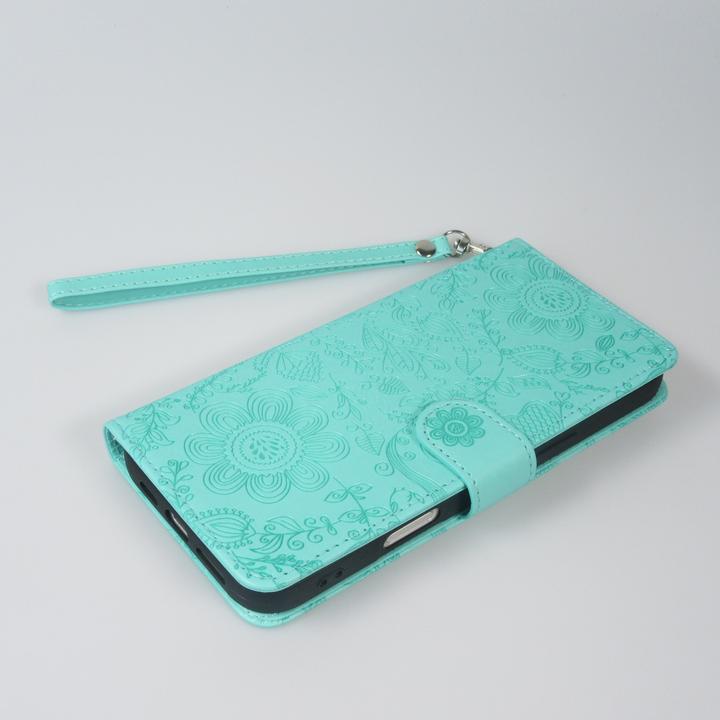 Produktbild PhoneLook Hülle Flip Kartenetui Blumenmuster mit Lanyard Hellblau (Apple iPhone 16)