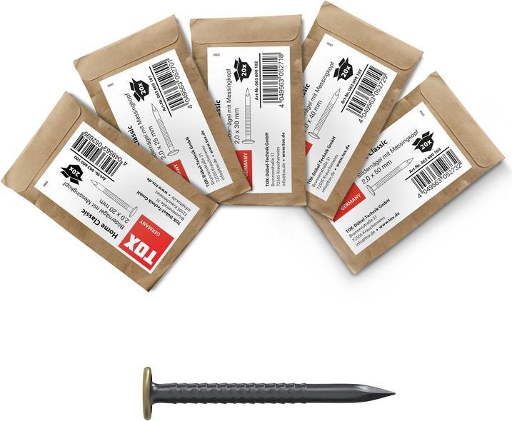 Immagine prodotto Tox Sacchetto di assortimento Home Classic 100 pezzi Chiodi per quadri con testa d'ottone (100 Pezzo/i, 50 mm)