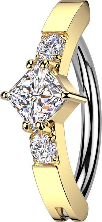 Star Piercing Banane klappbar vergoldet Schild zwei runde ein quadratischer Kristall silber (Messing, Chirurgenstahl 316L)