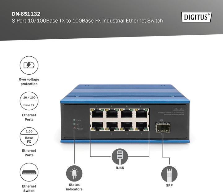 Produktbild Digitus 8-Port 10/100Base-TX to 100Base-FX Industrial Ethernet Switch (8 Ports)