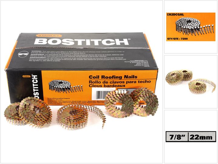 Image du produit Bostitch CR2DCGAL Clou galvanisé pour toiture 3.05-22 GAL8 7.2M 7/8" / 22 mm lisse - 7200 pièces (7200 pièce(s), 22 mm)