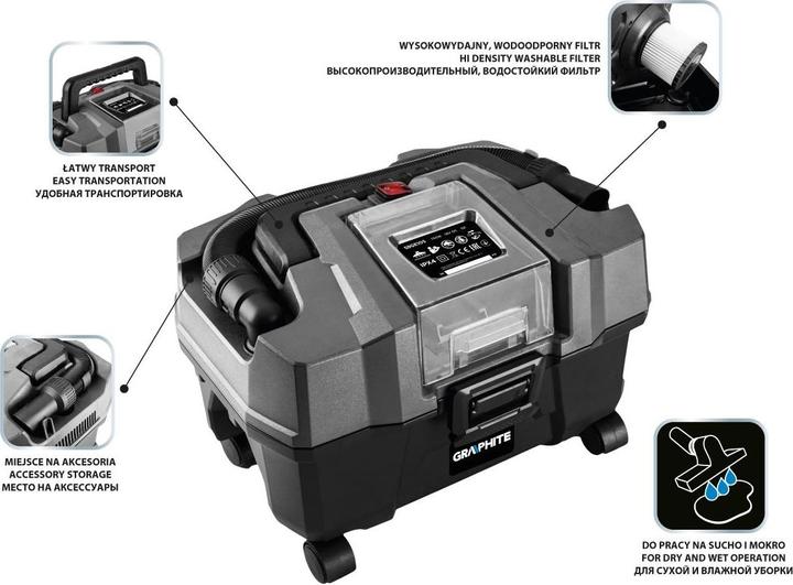 Produktbild Graphite Werkstattstaubsauger Energy + 18V, Li-Ion, 10 L, ohne Akku (Nass-Trockensauger)