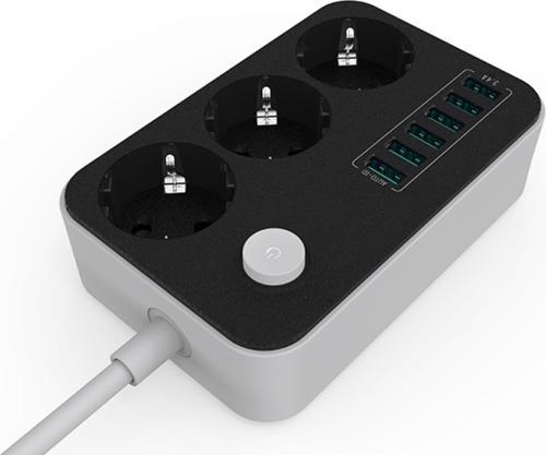 Actual product image Colorway Power Socket :3 EU plugs/6USB Blac CW-CHE36B 1.8 m, Juodas (6 x, 1.80 m)