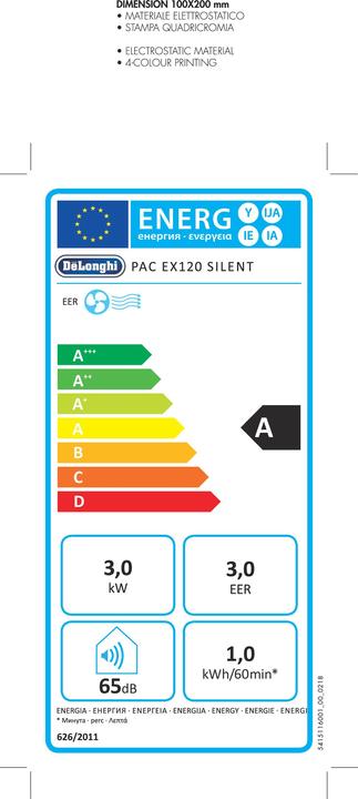 Energy Label De'Longhi PAC EX120 Silent (44 m², 11500 BTU/h)