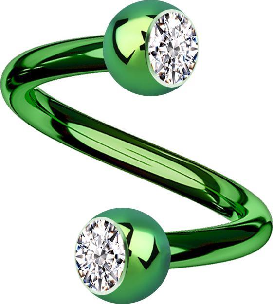 Star Piercing Micro Spirale grün mit zwei Kugeln Kristall silber (Titan G23, ohne Messing)
