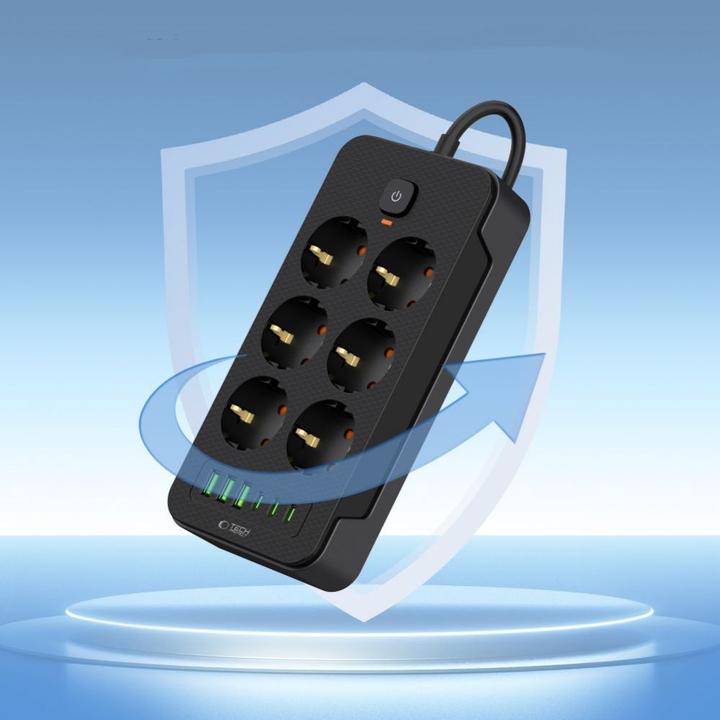 Produktbild Tech-Protect PC6X6 Power Strip 6 Sockets 240V + 3xUSB-A + 3xUSB-C 200cm - Black (6 x, USB-A, USB-C, 2 m)