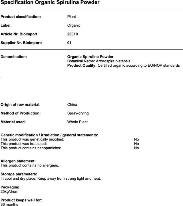 Nährwerte und Zutaten Zimmerli Adaptogene Spirulina Pulver (BIO) (1 Stück, Pulver, 100 g)
