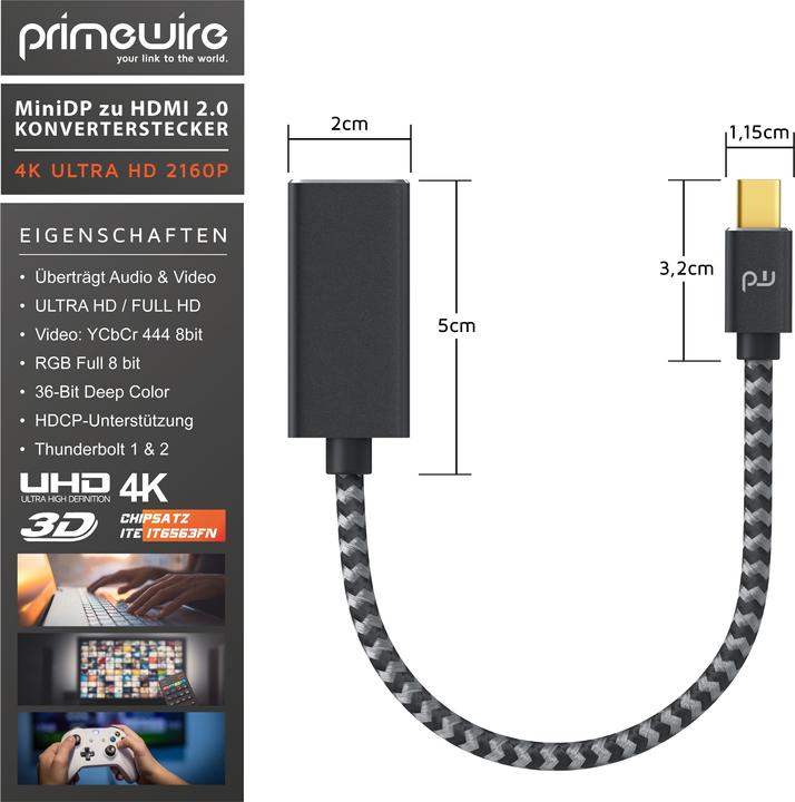 Actual product image Primewire 4K Mini Displayport to Hdmi 2.0 adapter, Mini DP cable, mDP adapter, 4K@60Hz, Thunderbolt (0.15 m, HDMI)
