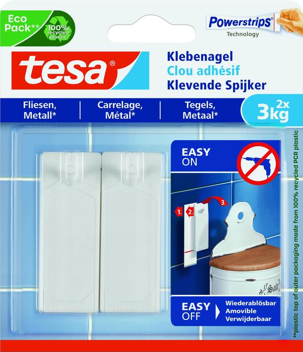 Image du produit tesa Clous adhésifs pour carrelage et métal, capacité de rétention de 3 kg, détachables sans laisser de