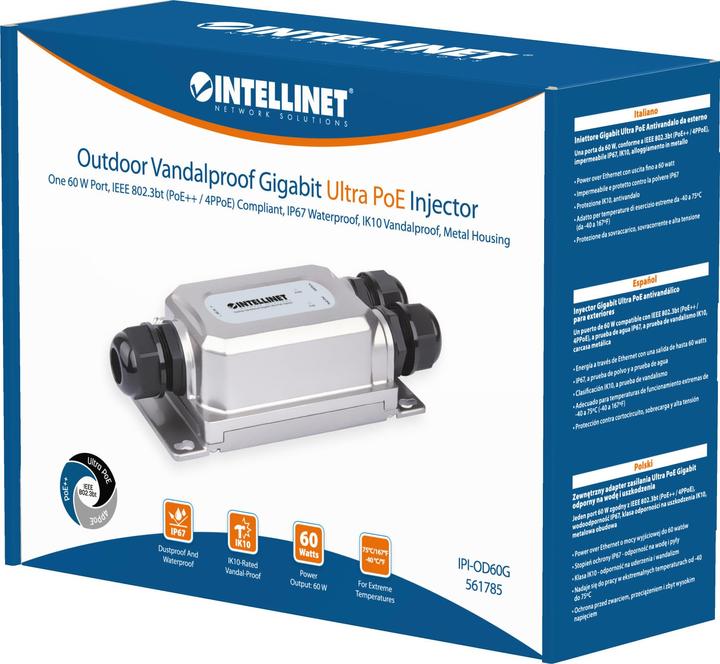 Image du produit Intellinet Injecteur Outdoor Gigabit Ultra PoE avec protection anti-vandalisme (802,3bt (PoE+++), 802,3at (PoE+), 802.3af (PoE), 60 W)