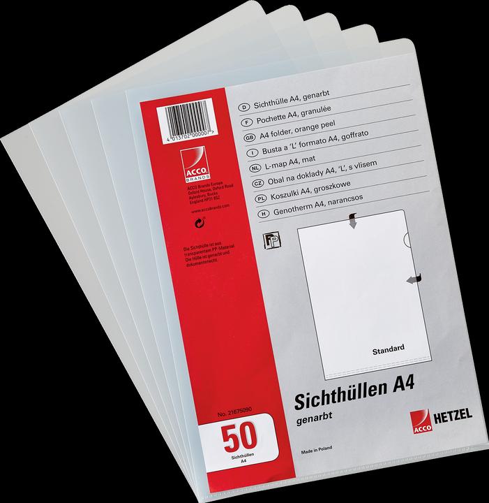 Produktbild Rexel HETZEL Sichthülle Standard, A4, PP, genarbt, 0,11 mm oben und seitlich offen, mit Daumenaussparung (A4, 1 x)