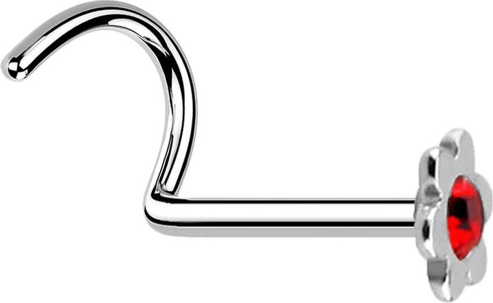 Produktbild Star Piercing Nasenstecker gebogen silber mit Blume und Kristall rot (ohne Messing, Chirurgenstahl 316L)
