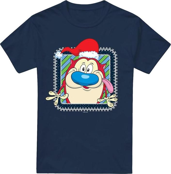 Actual product image Ren & Stimpy Mens Festive Santa Hat Christmas T-Shirt (S)