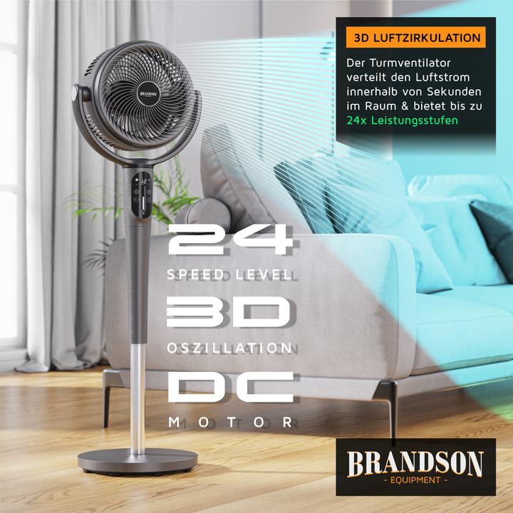 Actual product image Brandson Standventilator, Fernbedienung, leise, DC, 3D Oszillation, 21.5 cm Ø, Nachtlicht, Timer, 24 Stufen (57 dB)