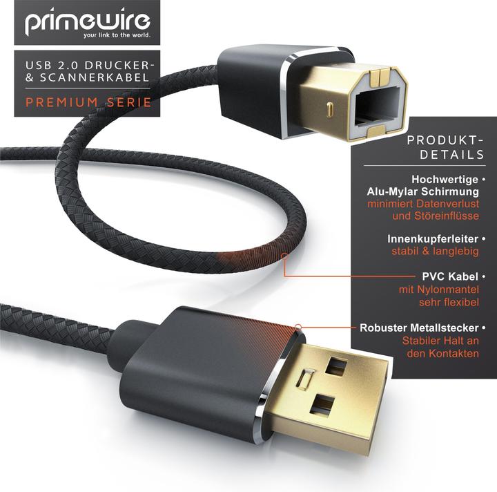 Immagine prodotto Primewire Cavo USB 2.0, cavo per stampante da tipo A a tipo B, cavo per scanner con guaina in nylon, spina in (1 m, USB 2.0)