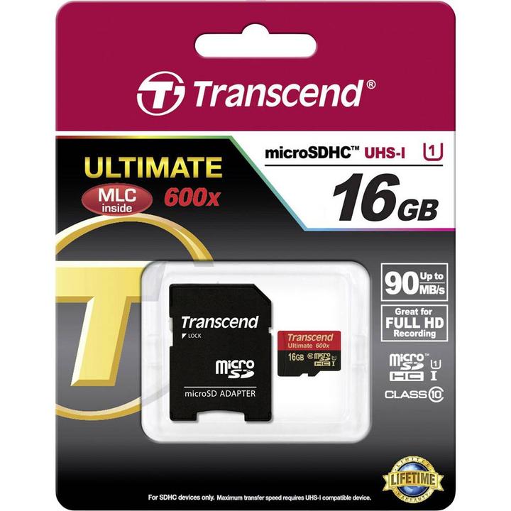 Actual product image Transcend microSDHC Ultimate 600x with adapter (16 GB, microSDHC, U1, UHS-I)