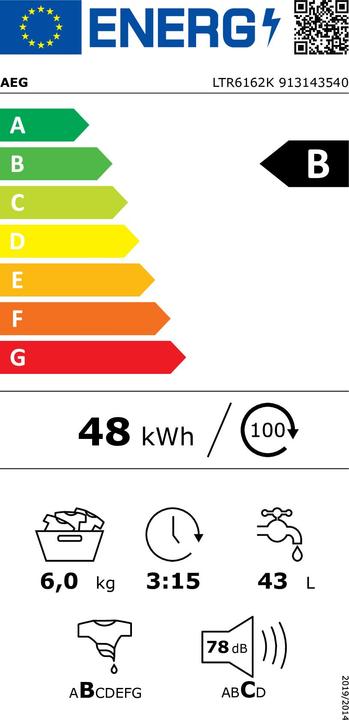 Etichetta energetica AEG LTR6162K - Wasmachine - Energielabel B - 6 kg - 1200 toeren- Wit (913 143 540) (6 kg, Verso l'alto)