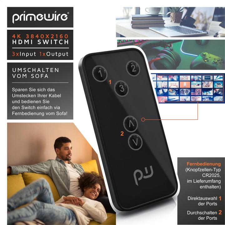 Produktbild Primewire HDMI Switch 4k Ultra HD, 3 Port Verteiler mit Fernbedienung, 4K, 3D, CEC, ARC