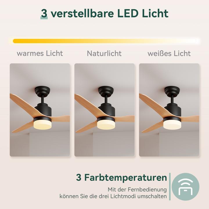 Image du produit SONNI Ventilateur de plafond avec lumière et télécommande, silencieux, 3 températures de couleur, 11 (0 dB)