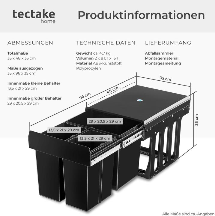 Produktbild tectake Abfallsammler Ashlyn, 3-fach Trennung, 31L, Teleskopschienen (31 l)