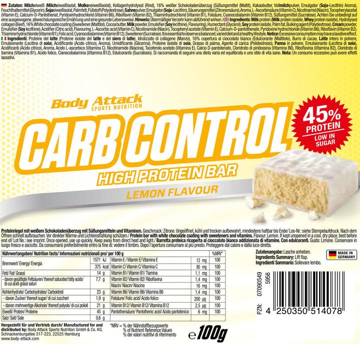 Valori nutrizionali e ingredienti Body Attack Carb Control (15 barrette da 100 g) (Dado Crema Torrone, 15 pz., 1500 g)