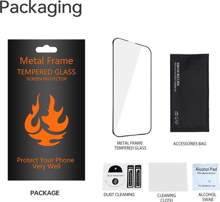 Actual product image OEM Tempered glass metal frame for iPhone 16 Pro Max 6,9" black frame