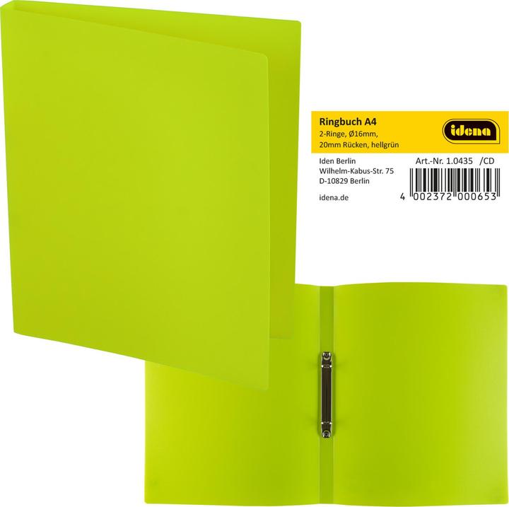 Idena Raccoglitore ad anelli A4 PP verde chiaro 20mm 2 anelli (A4, 20 mm, 1 Pezzo/i)