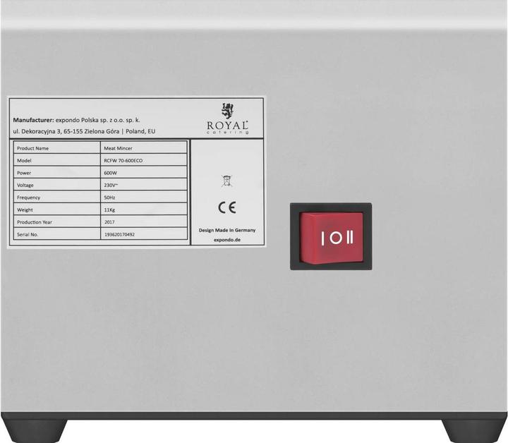 Produktbild Royal Catering Fleischwolf Edelstahl Elektrisch 70 Kg H Reverse Funktion Metallgetriebe 600Watt