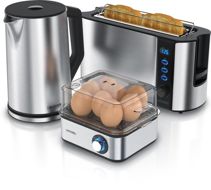 Produktbild Arendo Frühstücks Set, Wasserkocher 1,5l Temperaturwahl, 2-Scheiben Toaster & Eierkocher für 8 Eier, Silber
